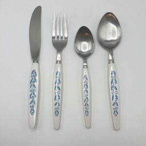 Vtg CorningWare Stainless Blue Cornflower Fork, Knife, And Spoons 4 Pc Flatware